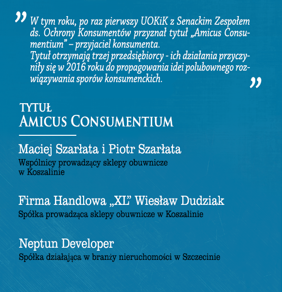 Infografika bdca ilustracj do komunikatu - zawiera nazwy przedsibiorcw nagrodzonych tytuem Amicus Consumentium